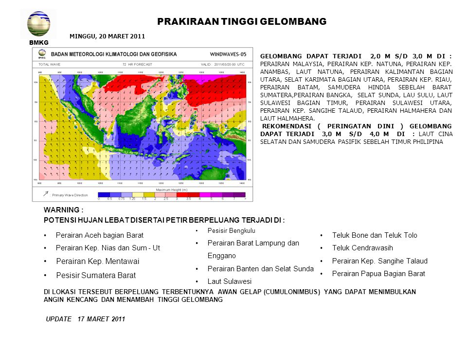 BMKG PRAKIRAAN TINGGI GELOMBANG WARNING : POTENSI HUJAN LEBAT DISERTAI PETIR BERPELUANG TERJADI DI : Perairan Aceh bagian Barat Perairan Kep.