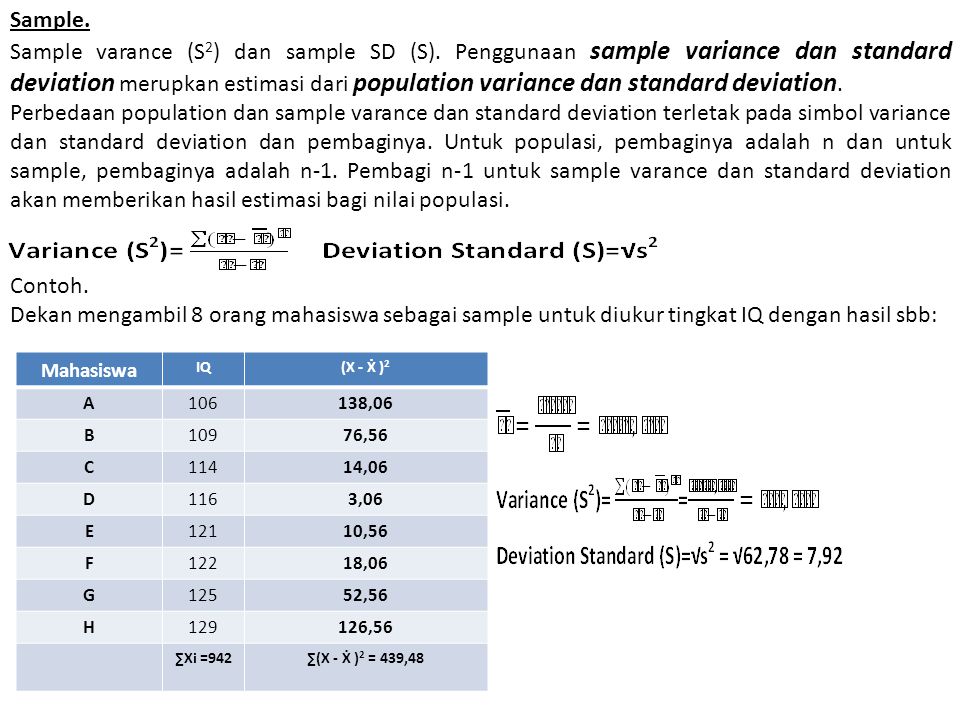 Sample. Sample varance (S 2 ) dan sample SD (S).
