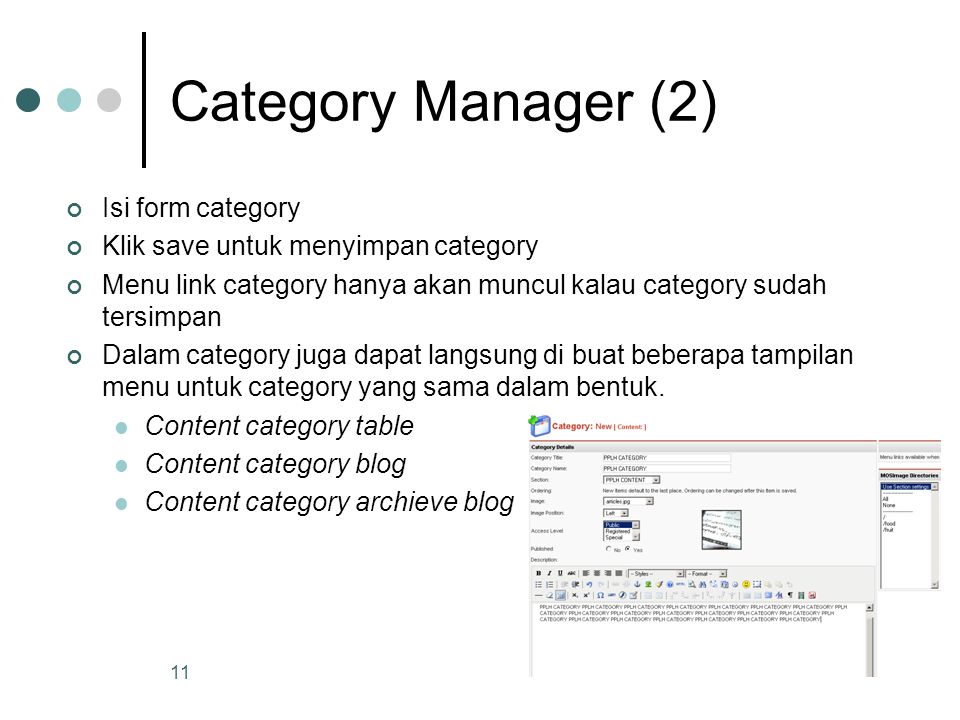 11 Category Manager (2) Isi form category Klik save untuk menyimpan category Menu link category hanya akan muncul kalau category sudah tersimpan Dalam category juga dapat langsung di buat beberapa tampilan menu untuk category yang sama dalam bentuk.