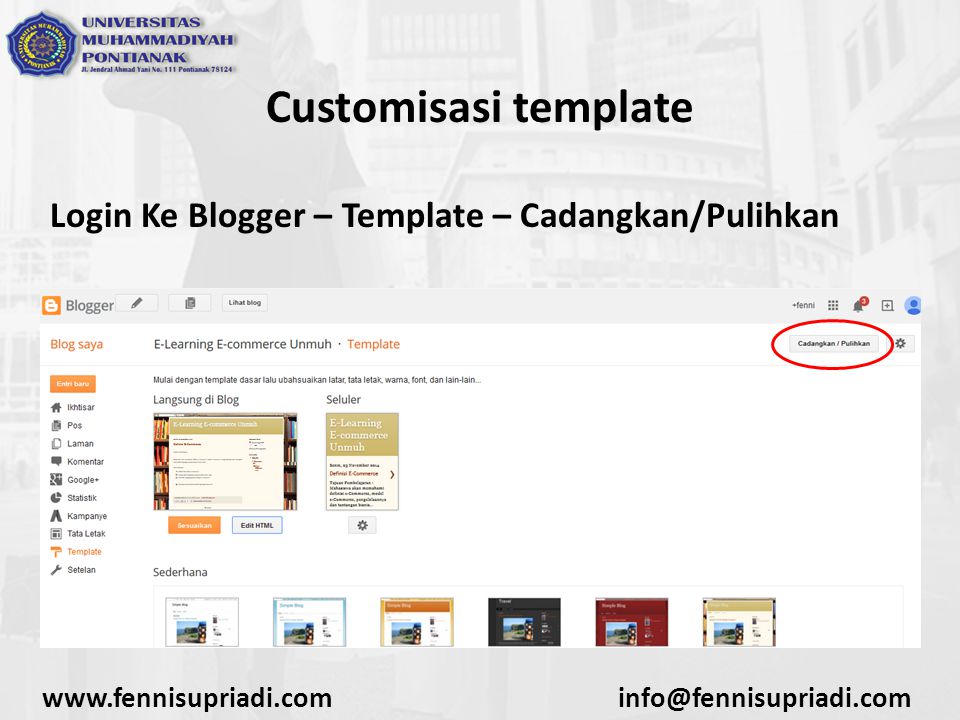Customisasi template Login Ke Blogger – Template – Cadangkan/Pulihkan