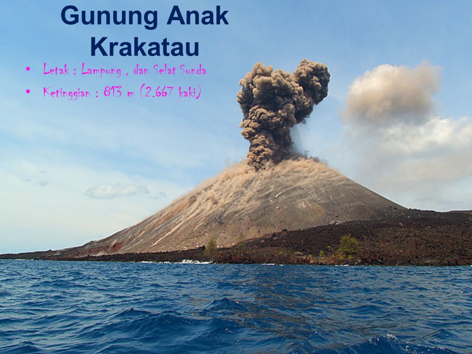 Gunung Anak Krakatau Letak : Lampung, dan Selat Sunda Ketinggian : 813 m (2.667 kaki)