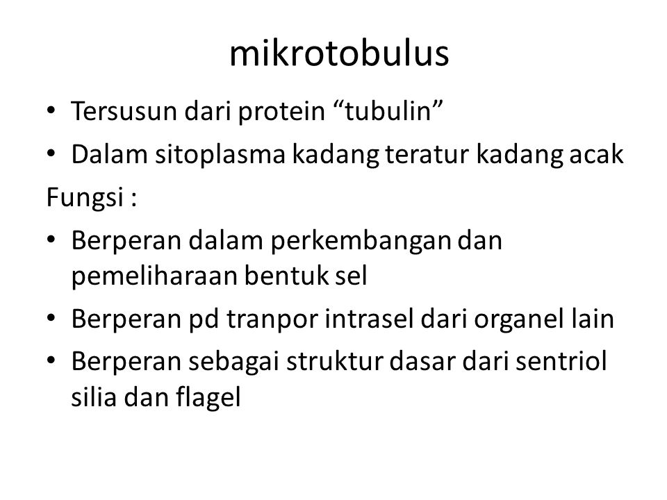 mikrotobulus Tersusun dari protein tubulin Dalam sitoplasma kadang teratur kadang acak Fungsi : Berperan dalam perkembangan dan pemeliharaan bentuk sel Berperan pd tranpor intrasel dari organel lain Berperan sebagai struktur dasar dari sentriol silia dan flagel