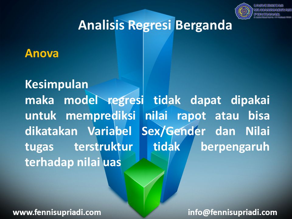 Analisis Regresi Berganda Anova Kesimpulan maka model regresi tidak dapat dipakai untuk memprediksi nilai rapot atau bisa dikatakan Variabel Sex/Gender dan Nilai tugas terstruktur tidak berpengaruh terhadap nilai uas
