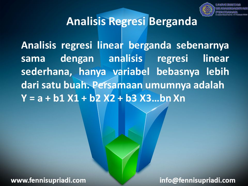 Analisis Regresi Berganda Analisis regresi linear berganda sebenarnya sama dengan analisis regresi linear sederhana, hanya variabel bebasnya lebih dari satu buah.