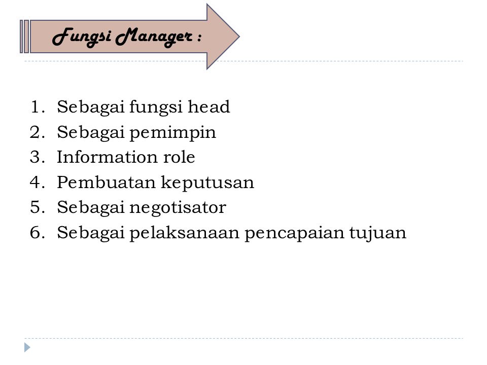 1.Sebagai fungsi head 2.Sebagai pemimpin 3.Information role 4.Pembuatan keputusan 5.Sebagai negotisator 6.Sebagai pelaksanaan pencapaian tujuan Fungsi Manager :