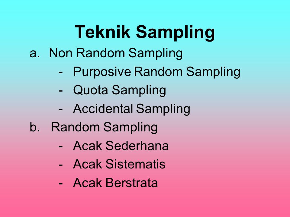 Teknik Sampling a.Non Random Sampling -Purposive Random Sampling -Quota Sampling -Accidental Sampling b.