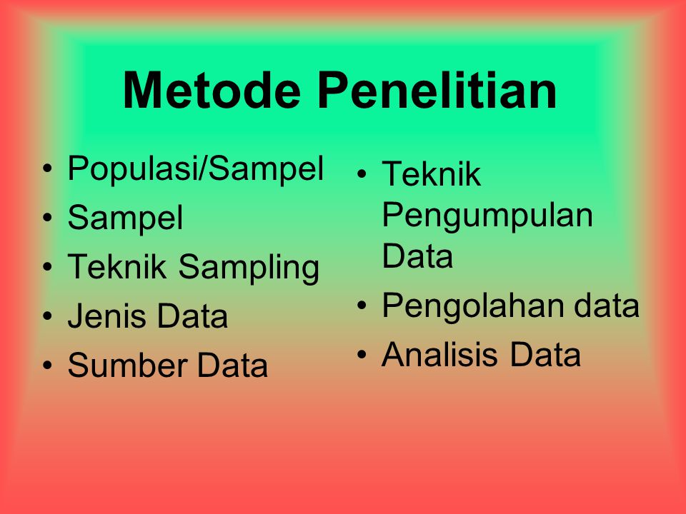 Metode Penelitian Populasi/Sampel Sampel Teknik Sampling Jenis Data Sumber Data Teknik Pengumpulan Data Pengolahan data Analisis Data