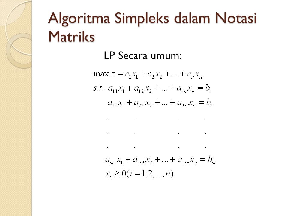 Algoritma Simpleks dalam Notasi Matriks LP Secara umum: