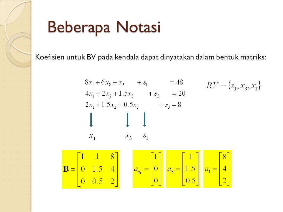 Beberapa Notasi Koefisien untuk BV pada kendala dapat dinyatakan dalam bentuk matriks: