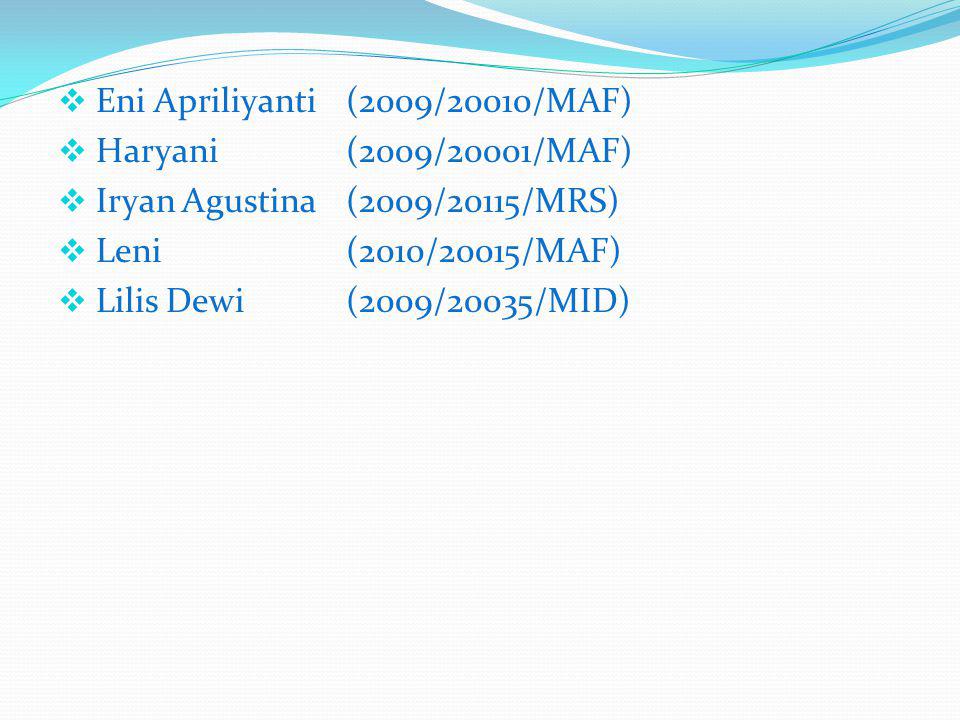  Eni Apriliyanti(2009/20010/MAF)  Haryani(2009/20001/MAF)  Iryan Agustina (2009/20115/MRS)  Leni(2010/20015/MAF)  Lilis Dewi(2009/20035/MID)