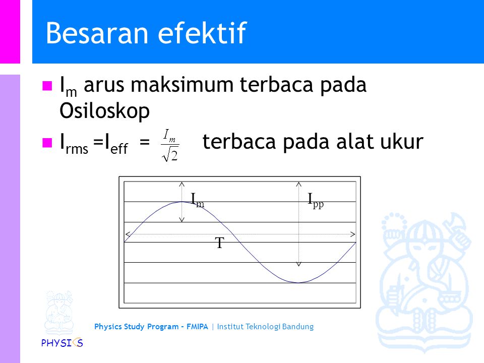 Physics Study Program - FMIPA | Institut Teknologi Bandung PHYSI S Besaran efektif I m arus maksimum terbaca pada Osiloskop I rms =I eff = terbaca pada alat ukur ImIm T I pp