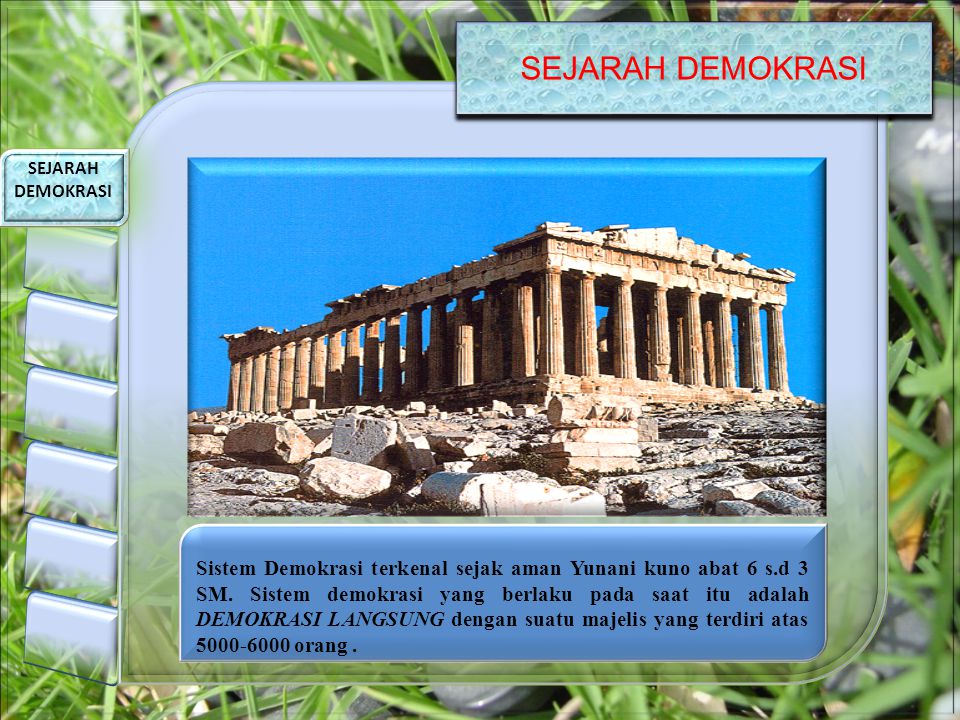SEJARAH DEMOKRASI Sistem Demokrasi terkenal sejak aman Yunani kuno abat 6 s.d 3 SM.