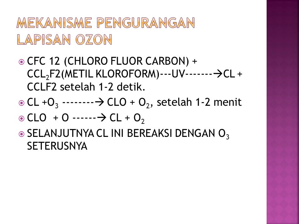  CFC 12 (CHLORO FLUOR CARBON) + CCL 2 F2(METIL KLOROFORM)---UV  CL + CCLF2 setelah 1-2 detik.