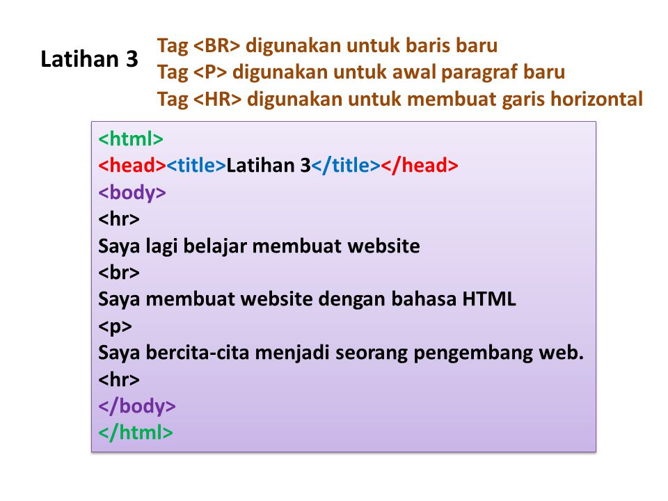 Latihan 3 Latihan 3 Saya lagi belajar membuat website Saya membuat website dengan bahasa HTML Saya bercita-cita menjadi seorang pengembang web.