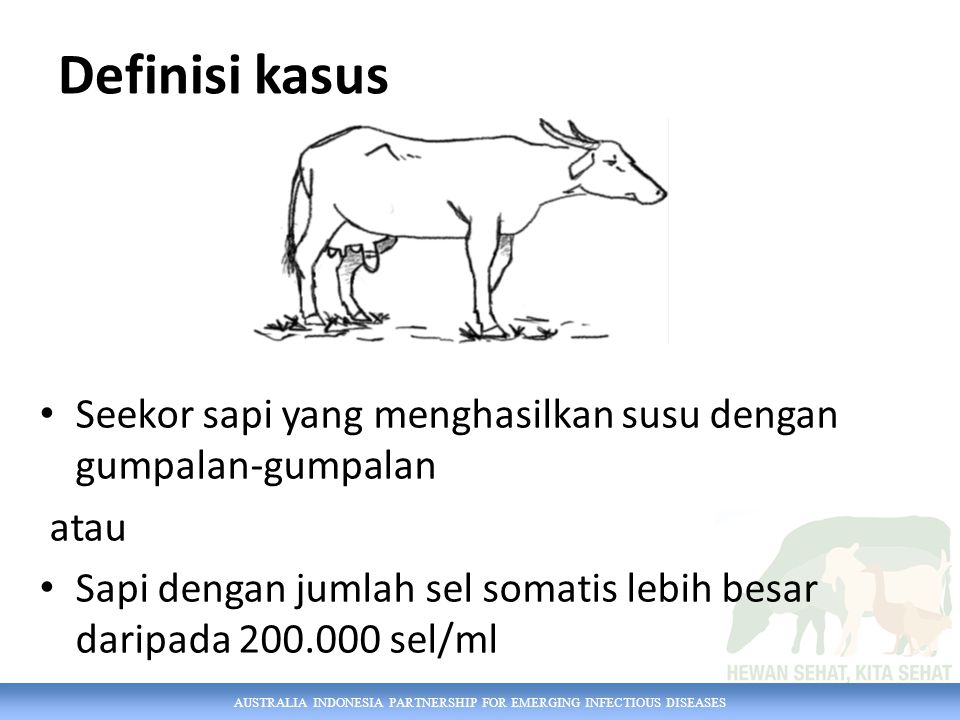 AUSTRALIA INDONESIA PARTNERSHIP FOR EMERGING INFECTIOUS DISEASES Definisi kasus Seekor sapi yang menghasilkan susu dengan gumpalan-gumpalan atau Sapi dengan jumlah sel somatis lebih besar daripada sel/ml