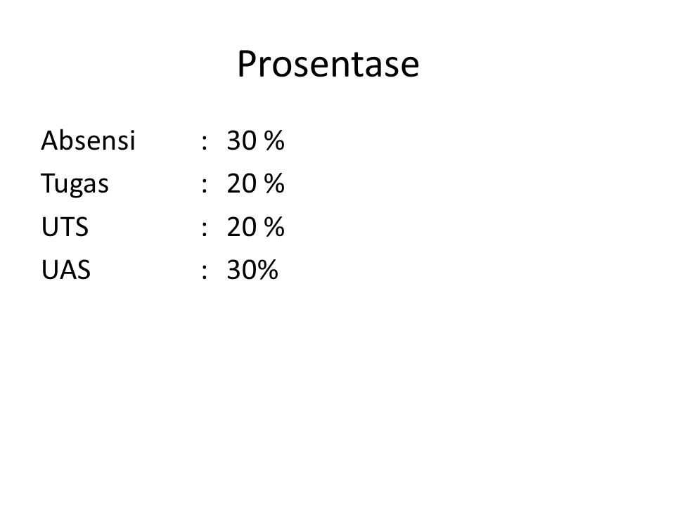 Prosentase Absensi:30 % Tugas:20 % UTS:20 % UAS: 30%