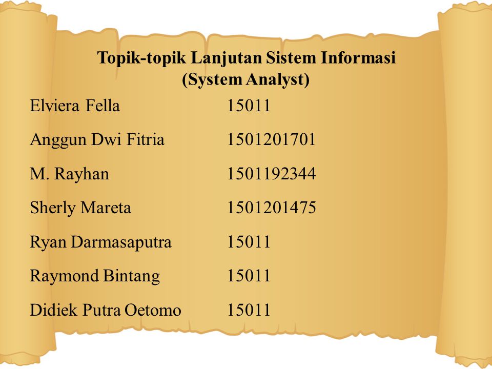 Topik-topik Lanjutan Sistem Informasi (System Analyst) Elviera Fella15011 Anggun Dwi Fitria M.