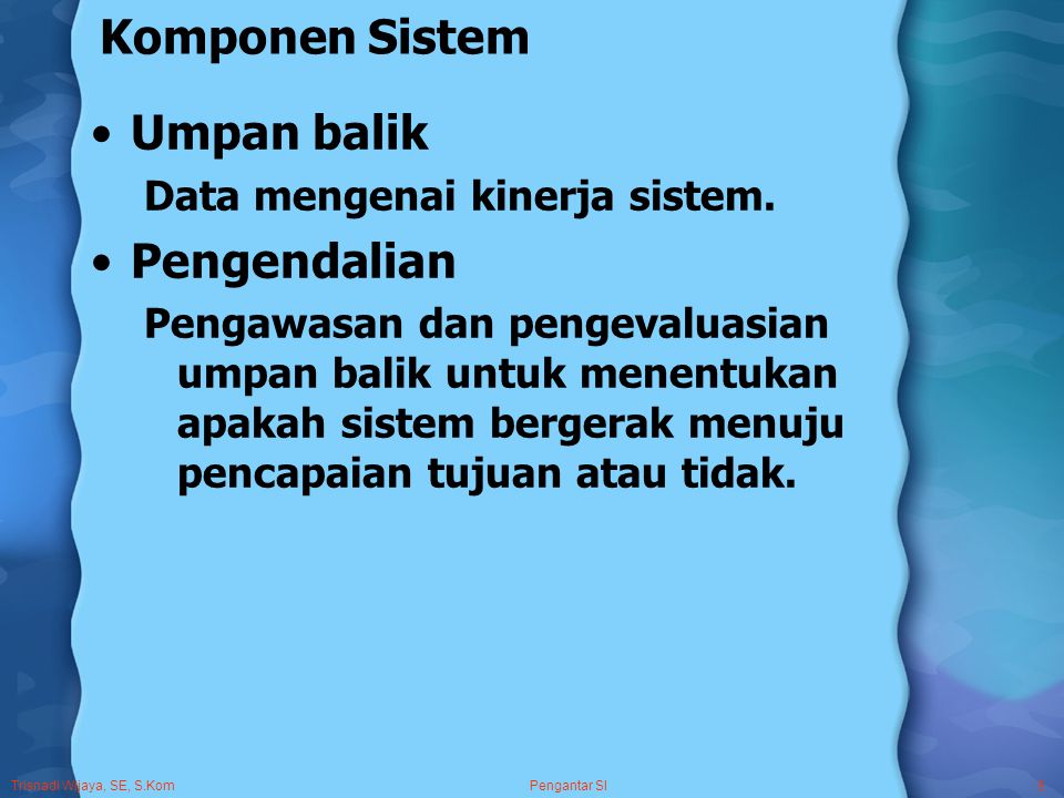 Trisnadi Wijaya, SE, S.Kom Pengantar SI5 Komponen Sistem Umpan balik Data mengenai kinerja sistem.