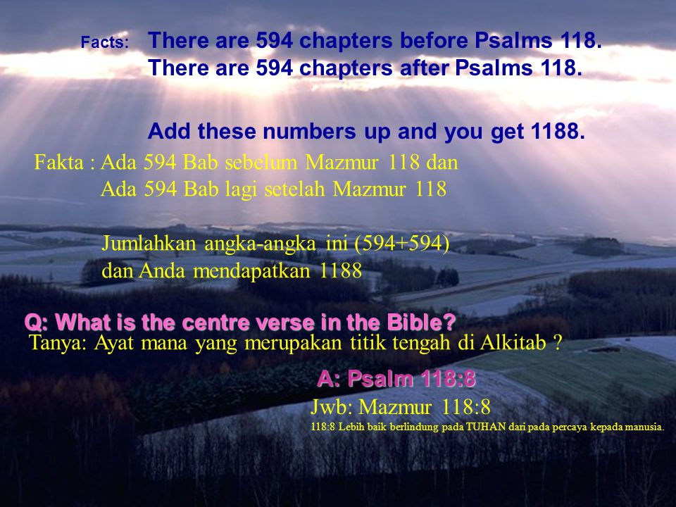 Facts: There are 594 chapters before Psalms 118. There are 594 chapters after Psalms 118.