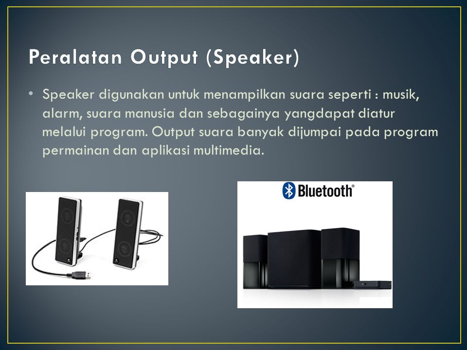 Speaker digunakan untuk menampilkan suara seperti : musik, alarm, suara manusia dan sebagainya yangdapat diatur melalui program.