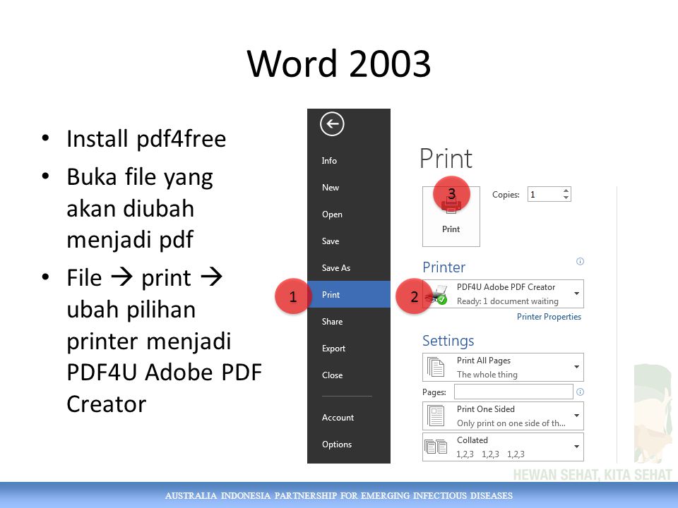 AUSTRALIA INDONESIA PARTNERSHIP FOR EMERGING INFECTIOUS DISEASES Word 2003 Install pdf4free Buka file yang akan diubah menjadi pdf File  print  ubah pilihan printer menjadi PDF4U Adobe PDF Creator