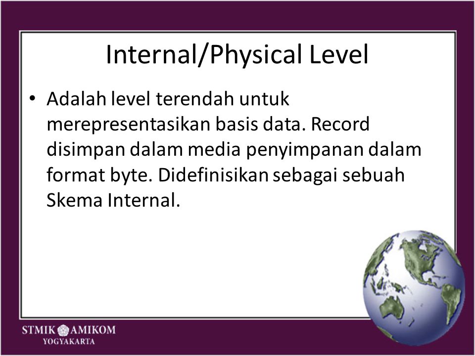 Internal/Physical Level Adalah level terendah untuk merepresentasikan basis data.