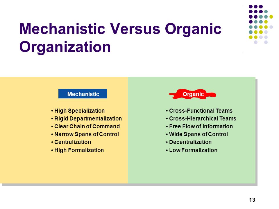 13 Mechanistic Versus Organic Organization Mechanistic High Specialization Rigid Departmentalization Clear Chain of Command Narrow Spans of Control Centralization High Formalization Organic Cross-Functional Teams Cross-Hierarchical Teams Free Flow of Information Wide Spans of Control Decentralization Low Formalization