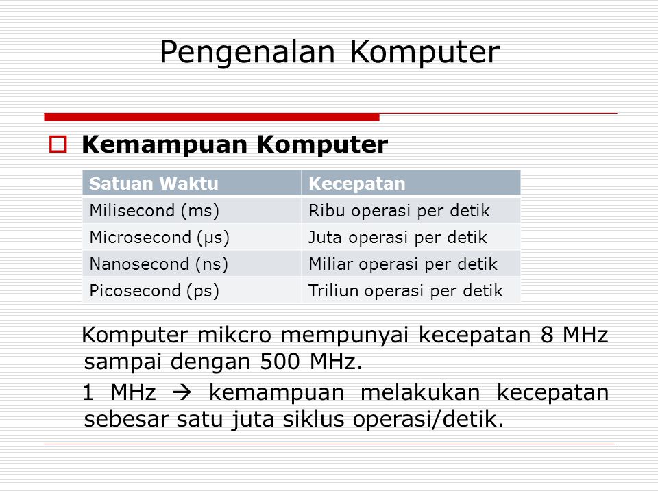 Pengenalan Komputer  Kemampuan Komputer Komputer mikcro mempunyai kecepatan 8 MHz sampai dengan 500 MHz.