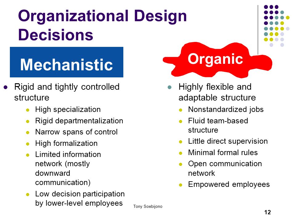12 Organizational Design Decisions Rigid and tightly controlled structure High specialization Rigid departmentalization Narrow spans of control High formalization Limited information network (mostly downward communication) Low decision participation by lower-level employees Highly flexible and adaptable structure Nonstandardized jobs Fluid team-based structure Little direct supervision Minimal formal rules Open communication network Empowered employees Tony Soebijono Organic Mechanistic