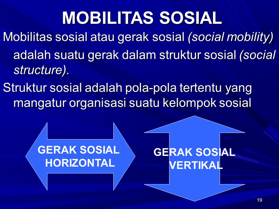 19 MOBILITAS SOSIAL Mobilitas sosial atau gerak sosial (social mobility) adalah suatu gerak dalam struktur sosial (social structure).