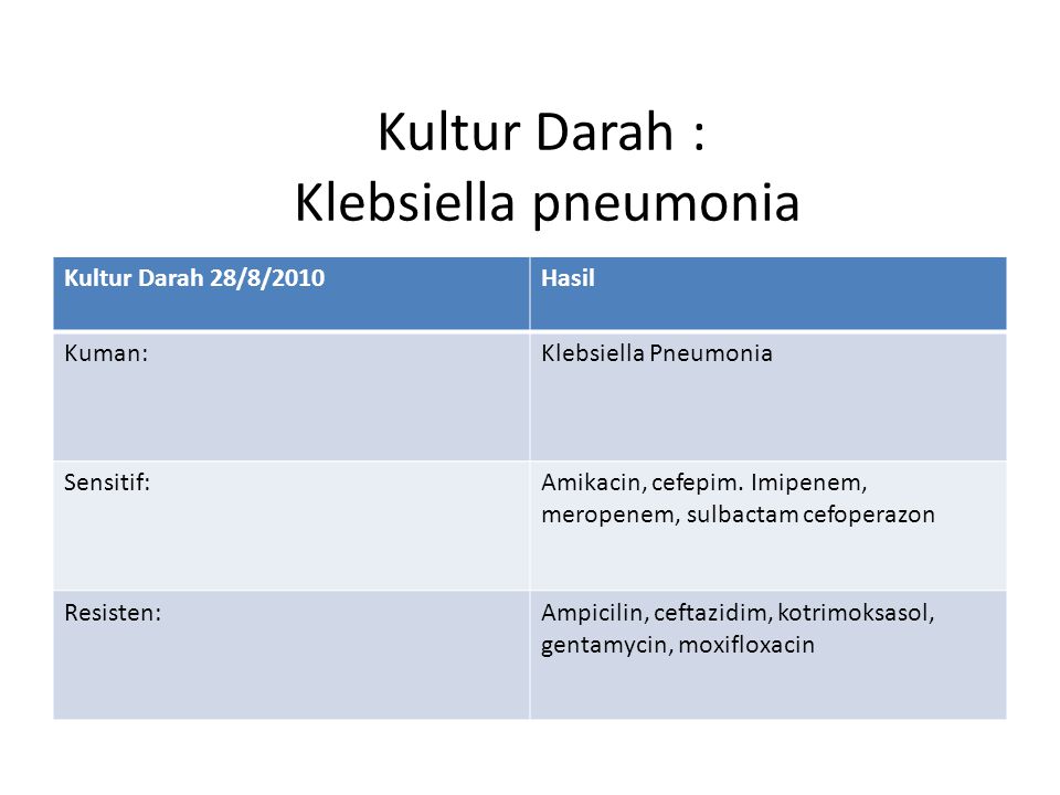 Kultur Darah : Klebsiella pneumonia Kultur Darah 28/8/2010Hasil Kuman:Klebsiella Pneumonia Sensitif:Amikacin, cefepim.