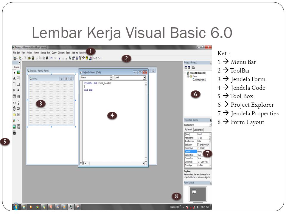 Lembar Kerja Visual Basic Ket.: 1  Menu Bar 2  ToolBar 3  Jendela Form 4  Jendela Code 5  Tool Box 6  Project Explorer 7  Jendela Properties 8  Form Layout