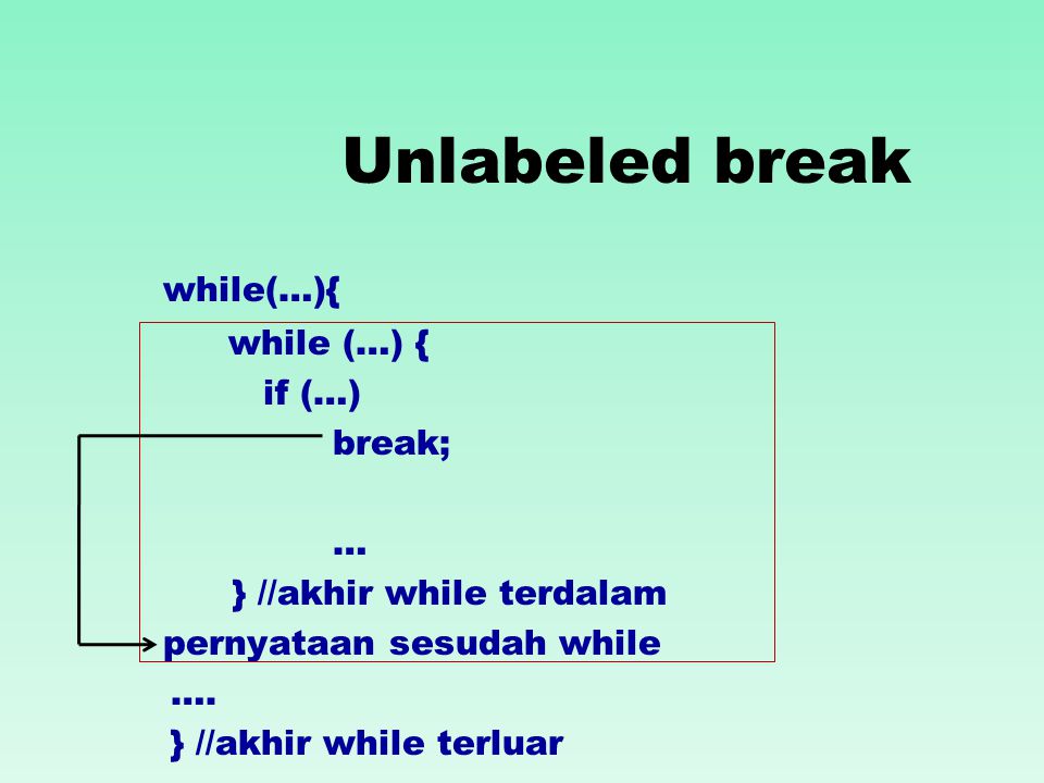 Unlabeled break while(…){ if (…) break; … } //akhir while terdalam pernyataan sesudah while ….