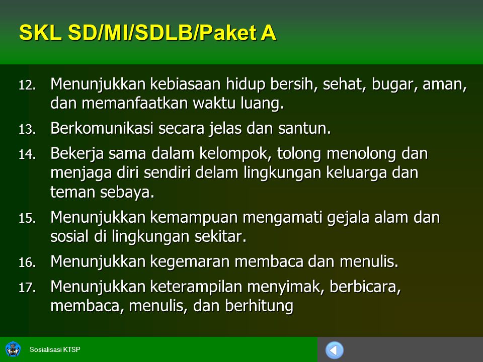 Sosialisasi KTSP SKL SD/MI/SDLB/Paket A 12.