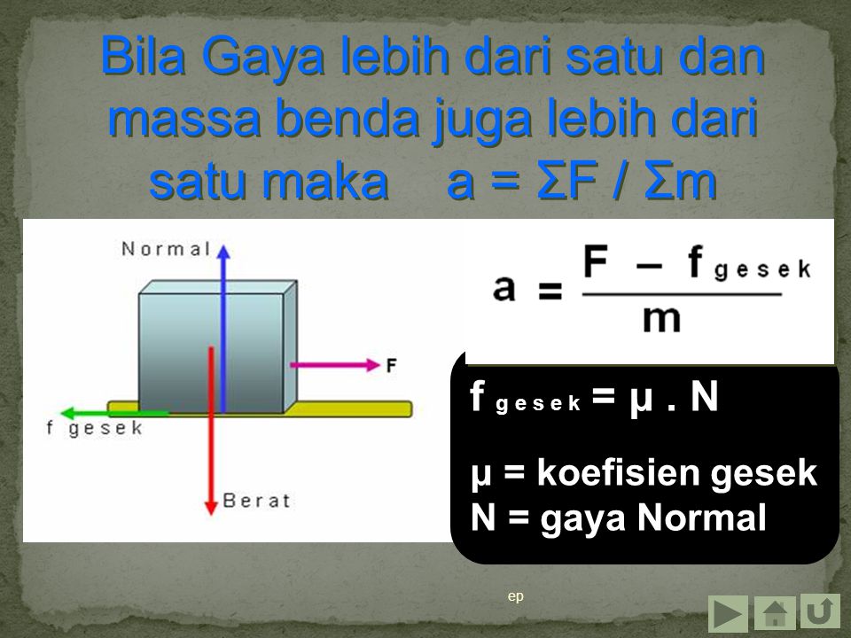 ep Bila Gaya lebih dari satu dan massa benda juga lebih dari satu maka a = ΣF / Σm f g e s e k = μ.