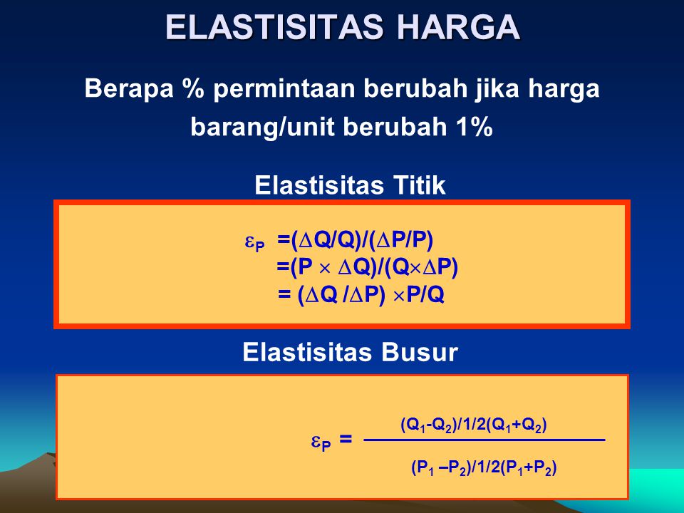 ELASTISITAS HARGA Berapa % permintaan berubah jika harga barang/unit berubah 1%  P =(  Q/Q)/(  P/P) =(P   Q)/(Q  P) = (  Q /  P)  P/Q  P = (Q 1 -Q 2 )/1/2(Q 1 +Q 2 ) (P 1 –P 2 )/1/2(P 1 +P 2 ) Elastisitas Titik Elastisitas Busur