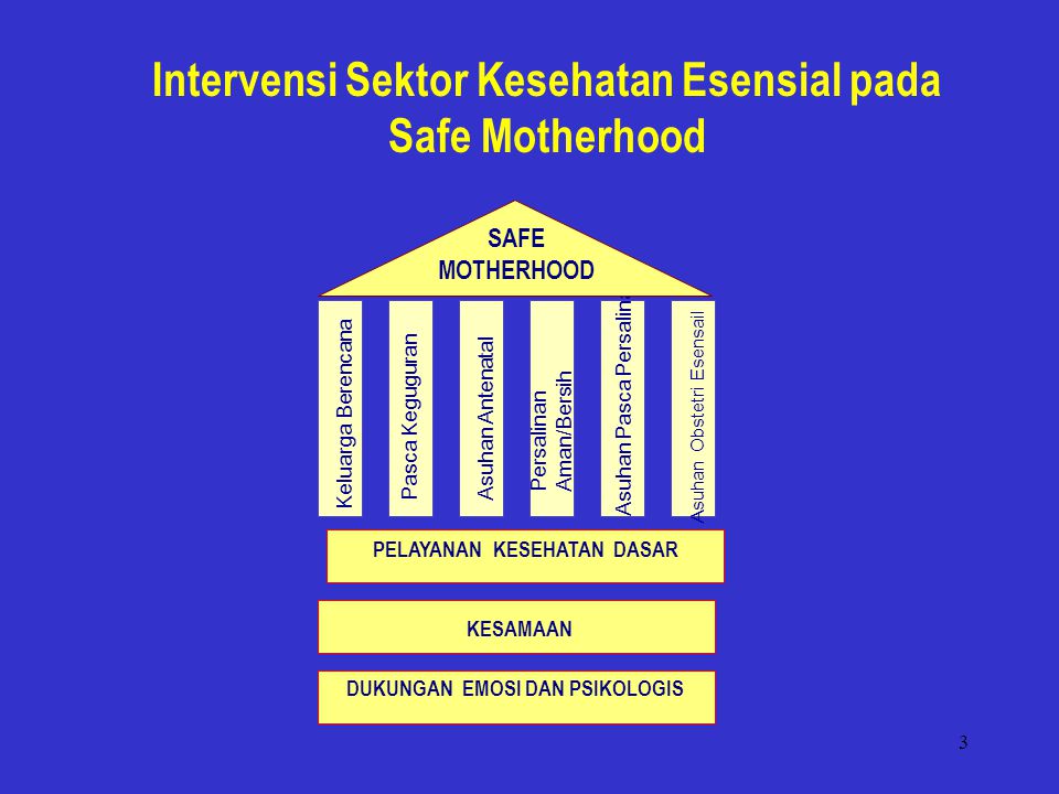 3 Intervensi Sektor Kesehatan Esensial pada Safe Motherhood Pasca Keguguran Asuhan Pasca Persalinan Keluarga Berencana Asuhan Antenatal Persalinan Aman/Bersih Asuhan Obstetri Esensail PELAYANAN KESEHATAN DASAR DUKUNGAN EMOSI DAN PSIKOLOGIS KESAMAAN SAFE MOTHERHOOD