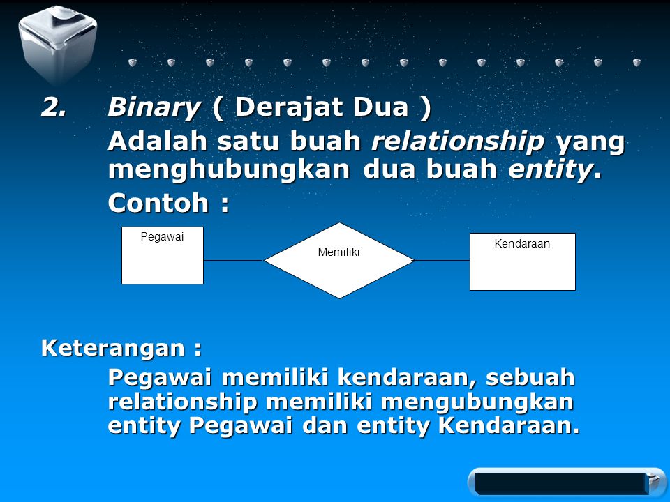 Your company slogan 2.Binary ( Derajat Dua ) Adalah satu buah relationship yang menghubungkan dua buah entity.