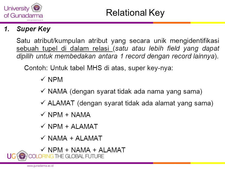 Relational Key 1.Super Key Satu atribut/kumpulan atribut yang secara unik mengidentifikasi sebuah tupel di dalam relasi (satu atau lebih field yang dapat dipilih untuk membedakan antara 1 record dengan record lainnya).