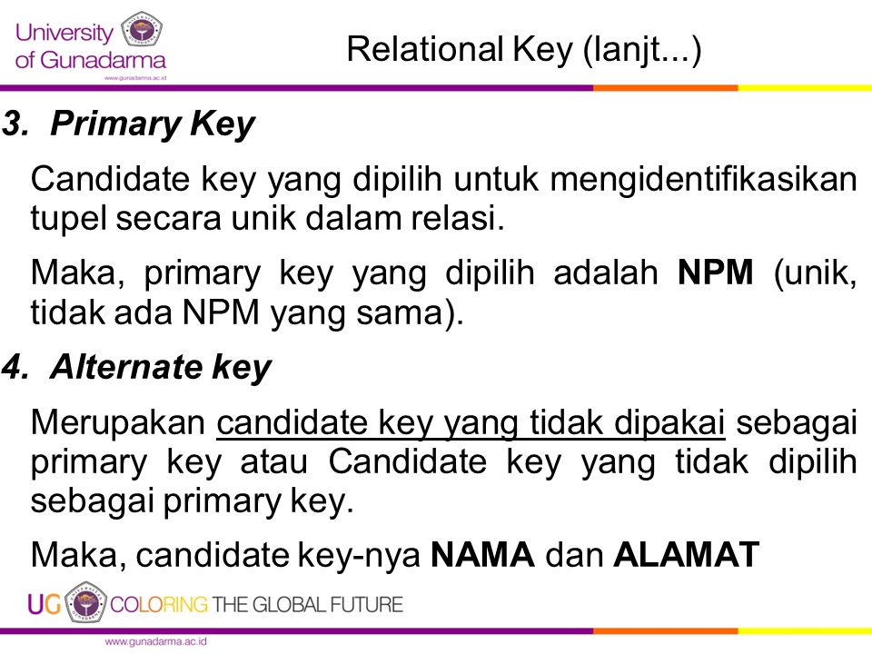 Relational Key (lanjt...) 3.Primary Key Candidate key yang dipilih untuk mengidentifikasikan tupel secara unik dalam relasi.