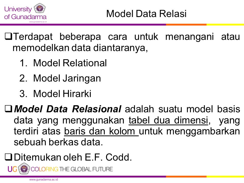 Model Data Relasi  Terdapat beberapa cara untuk menangani atau memodelkan data diantaranya, 1.Model Relational 2.Model Jaringan 3.Model Hirarki  Model Data Relasional adalah suatu model basis data yang menggunakan tabel dua dimensi, yang terdiri atas baris dan kolom untuk menggambarkan sebuah berkas data.
