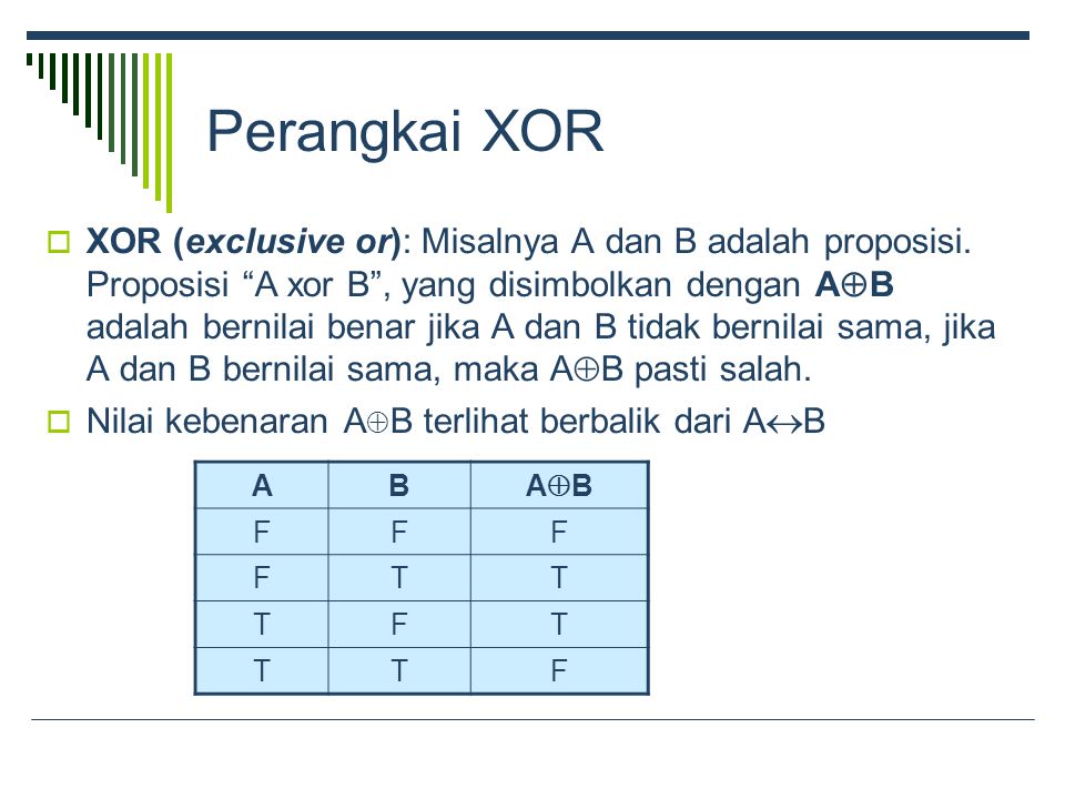Perangkai XOR  XOR (exclusive or): Misalnya A dan B adalah proposisi.