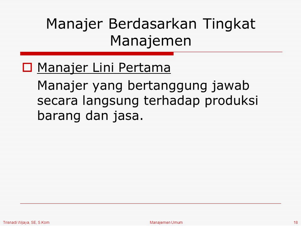 Trisnadi Wijaya, SE, S.Kom Manajemen Umum18 Manajer Berdasarkan Tingkat Manajemen  Manajer Lini Pertama Manajer yang bertanggung jawab secara langsung terhadap produksi barang dan jasa.