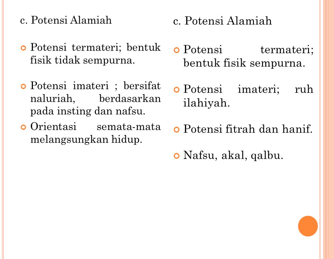 c. Potensi Alamiah Potensi termateri; bentuk fisik tidak sempurna.