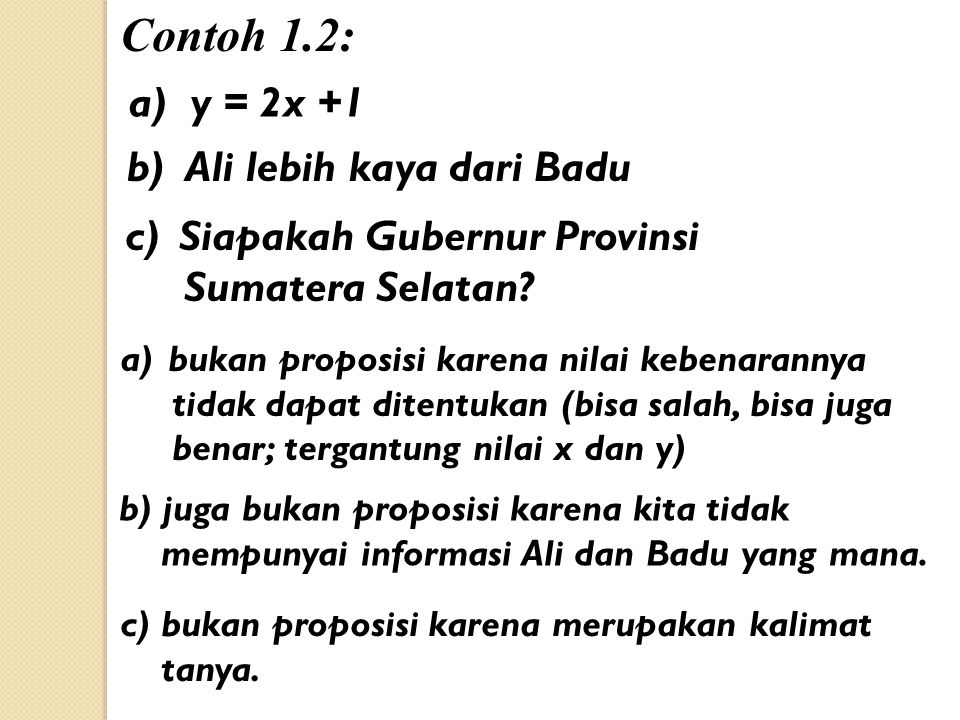Contoh 1.2: a) y = 2x +1 b) Ali lebih kaya dari Badu c)Siapakah Gubernur Provinsi Sumatera Selatan.