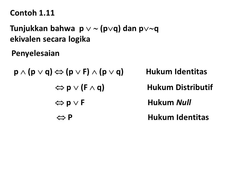 Contoh 1.11 Tunjukkan bahwa p   (p  q) dan p  q ekivalen secara logika Penyelesaian p  (p  q)  (p  F)  (p  q) Hukum Identitas  p  (F  q) Hukum Distributif  p  F Hukum Null  P Hukum Identitas