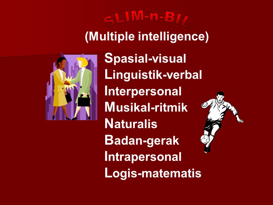 S pasial-visual L inguistik-verbal I nterpersonal M usikal-ritmik N aturalis B adan-gerak I ntrapersonal L ogis-matematis (Multiple intelligence)