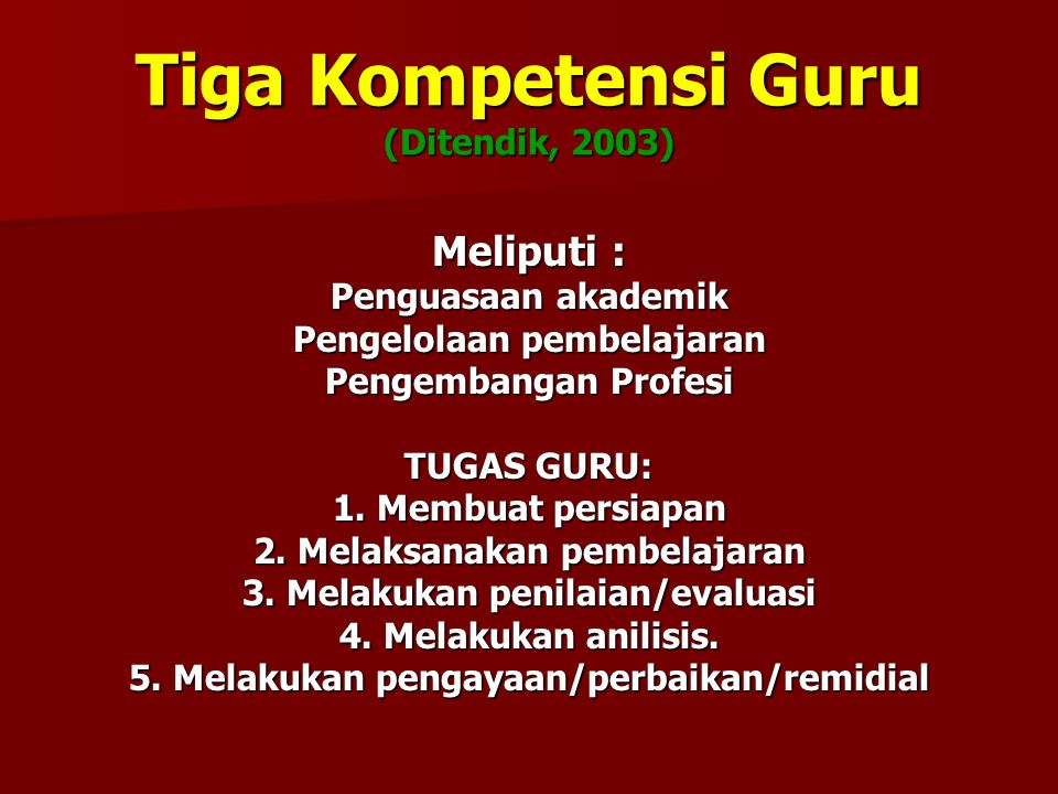 Tiga Kompetensi Guru (Ditendik, 2003) Meliputi : Penguasaan akademik Pengelolaan pembelajaran Pengembangan Profesi TUGAS GURU: 1.