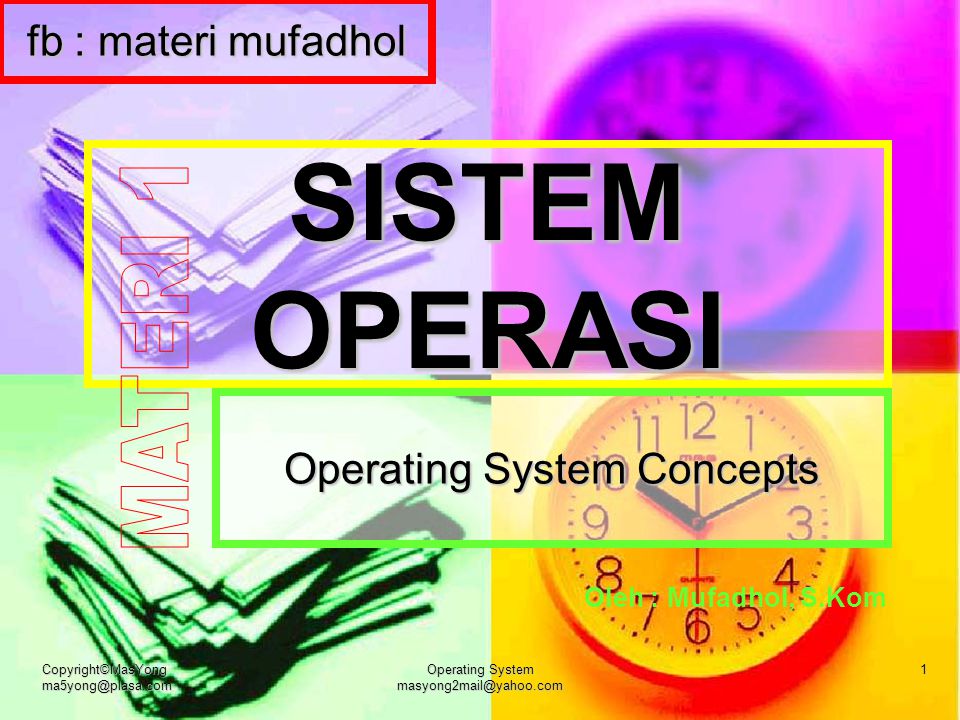 Copyright©MasYong Operating System 1 SISTEM OPERASI Operating System Concepts Oleh : Mufadhol, S.Kom fb : materi mufadhol