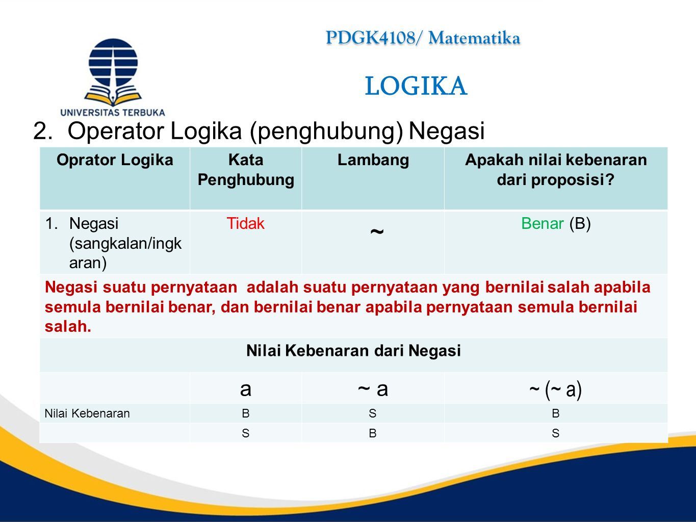 PDGK4108/Matematika INISIASI 1. LOGIKA Kompetensi Umum: Mahasiswa Mampu ...